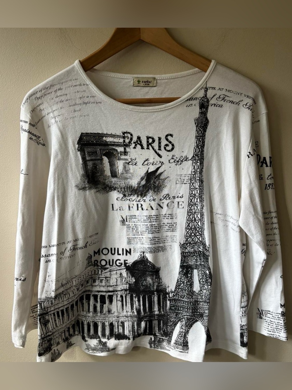 Y2K Bedazzled White Paris Print Long Sleeve Top